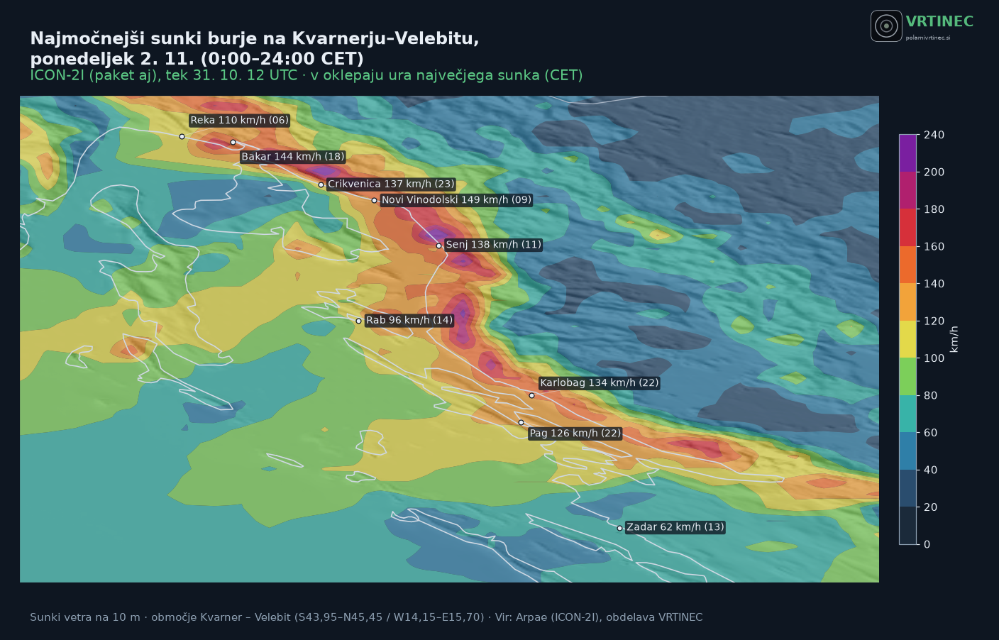 Najmočnejši sunki burje na Kvarnerju–Velebitu, ponedeljek 2. 11., model ICON-2I